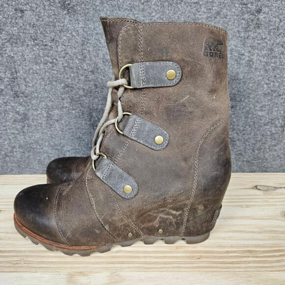 Sorel Joan of Arctic Brown Leather Wedge Boots 9.5 - Picture 5 of 8